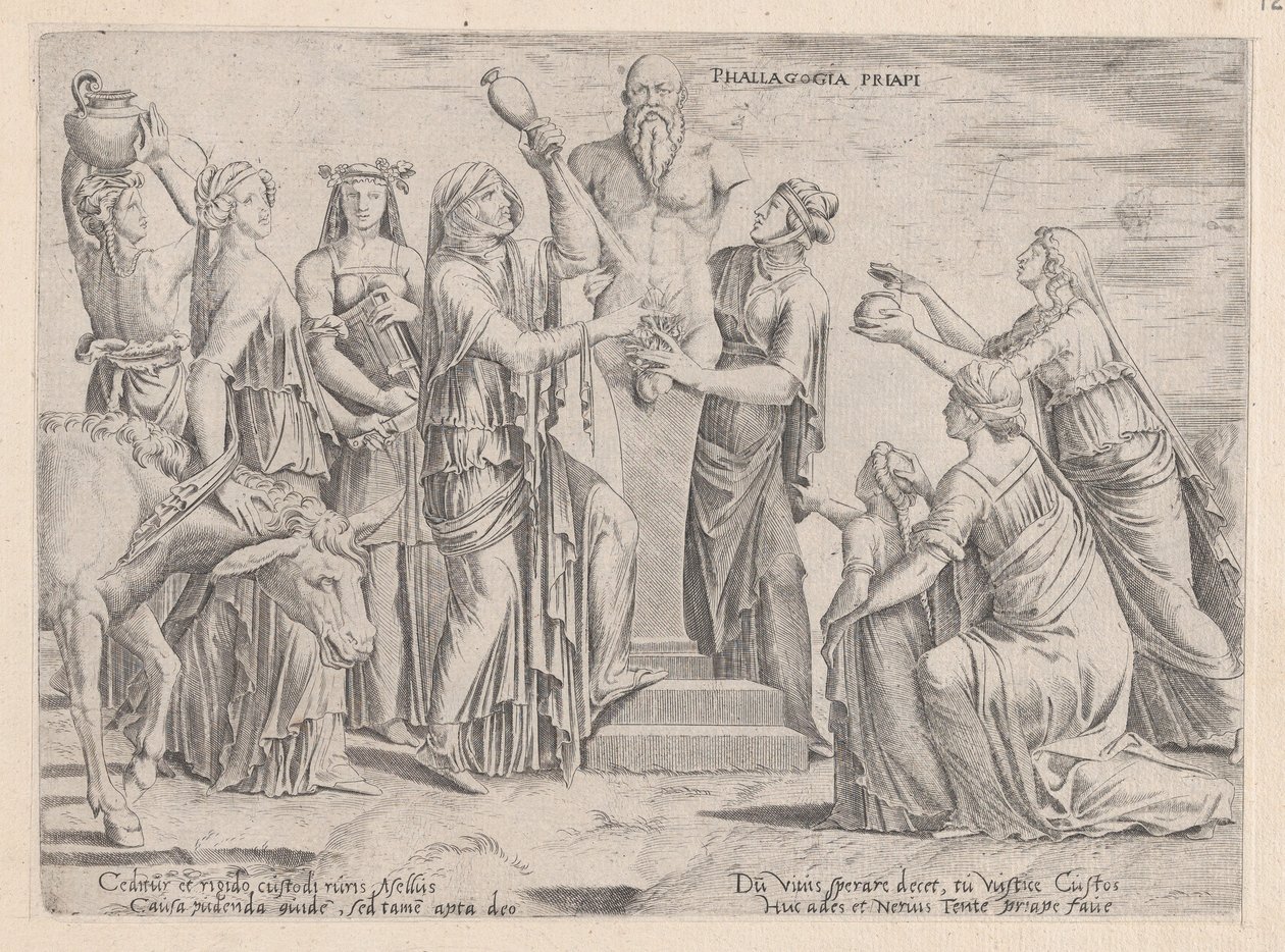 Speculum Romanae Magnificentiae: Acht Frauen opfern Priapus, 16. Jahrhundert von Cornelis Bos.