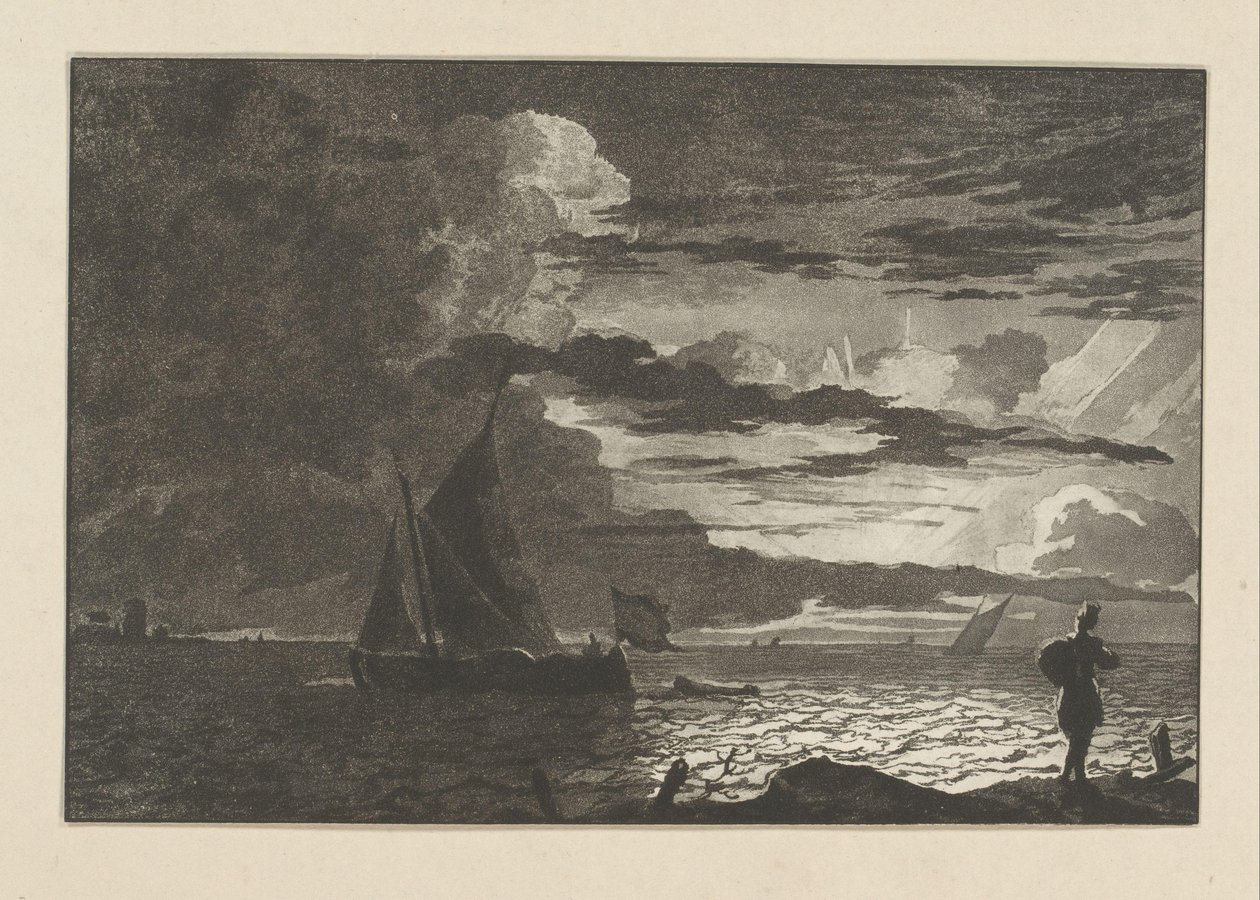 Mann mit Sack auf der Schulter bei Sonnenaufgang von Cornelis Brouwer