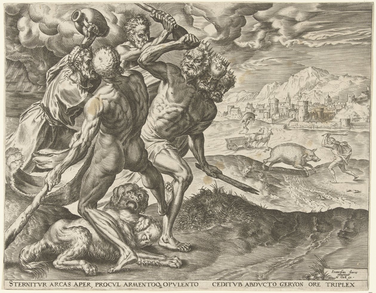 Herkules tötet Geryon und seinen Hund (Werken von Herkules) von Cornelis Cort