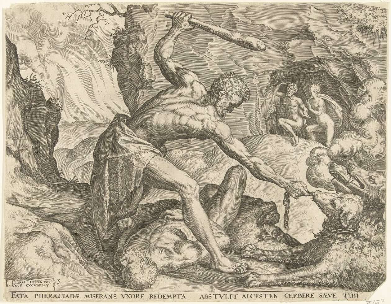 Herkules schleppt Cerberus aus der Hölle von Cornelis Cort