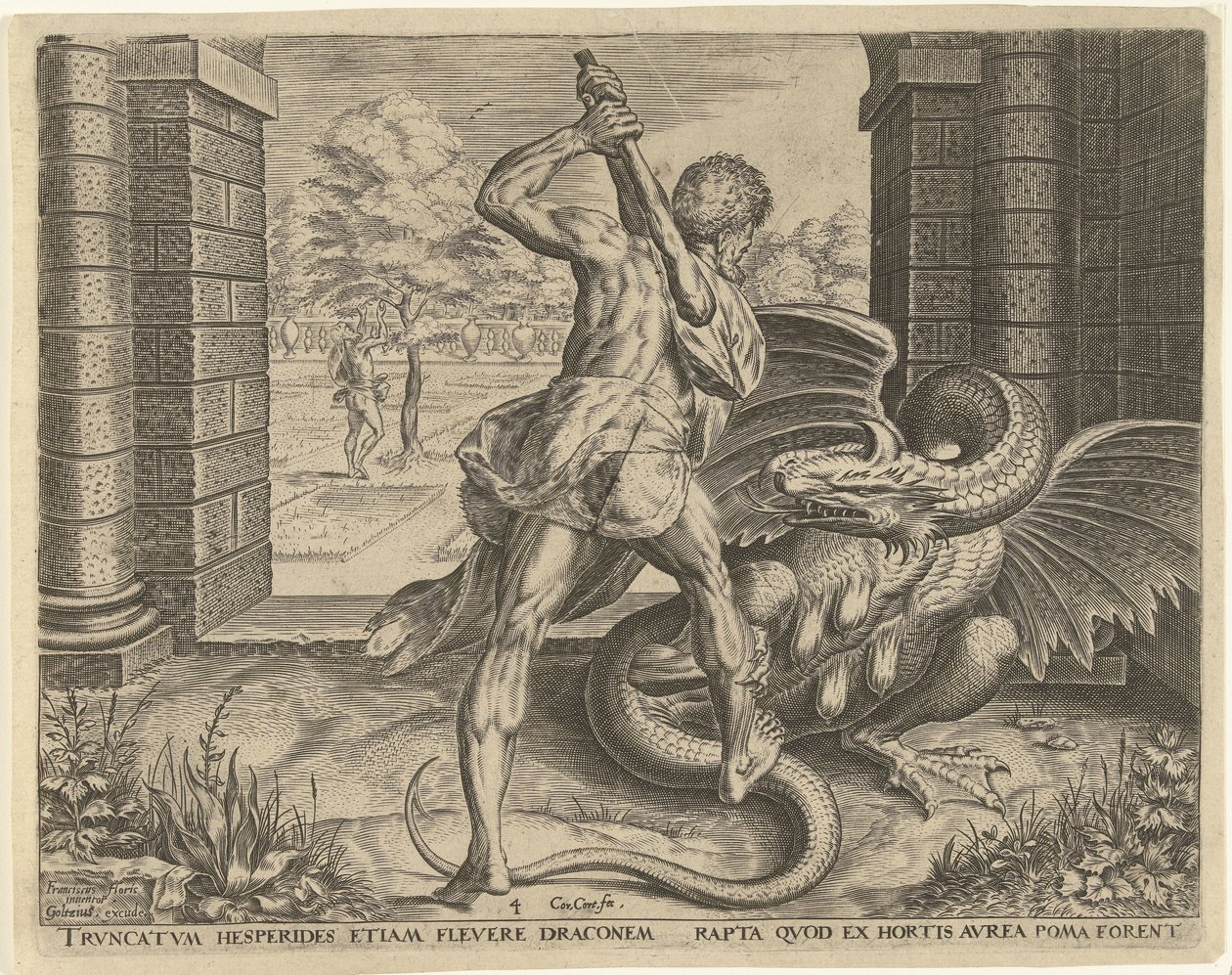 Herkules stiehlt die goldenen Äpfel der Hesperiden von Cornelis Cort