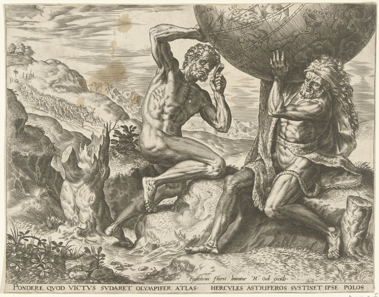Herkules trägt die Weltkugel für Atlas (Werke von Herkules) von Cornelis Cort