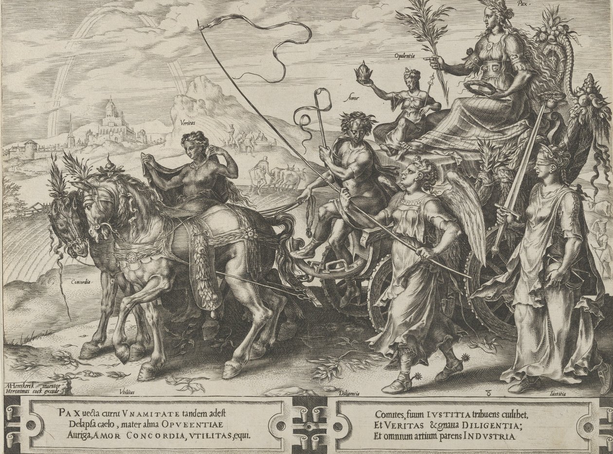 Der Triumph des Friedens, aus Der Zyklus der Wechselfälle menschlicher Angelegenheiten, Platte 8, 1564 von Cornelis Cort