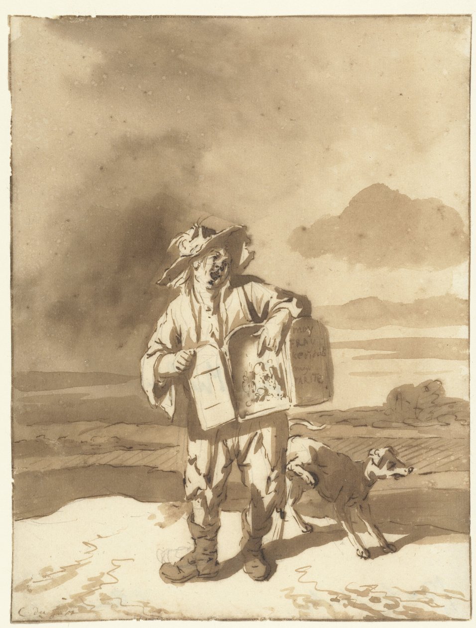 Ein junger Mann mit einem Guckkasten und einem Hund von Cornelis Dusart