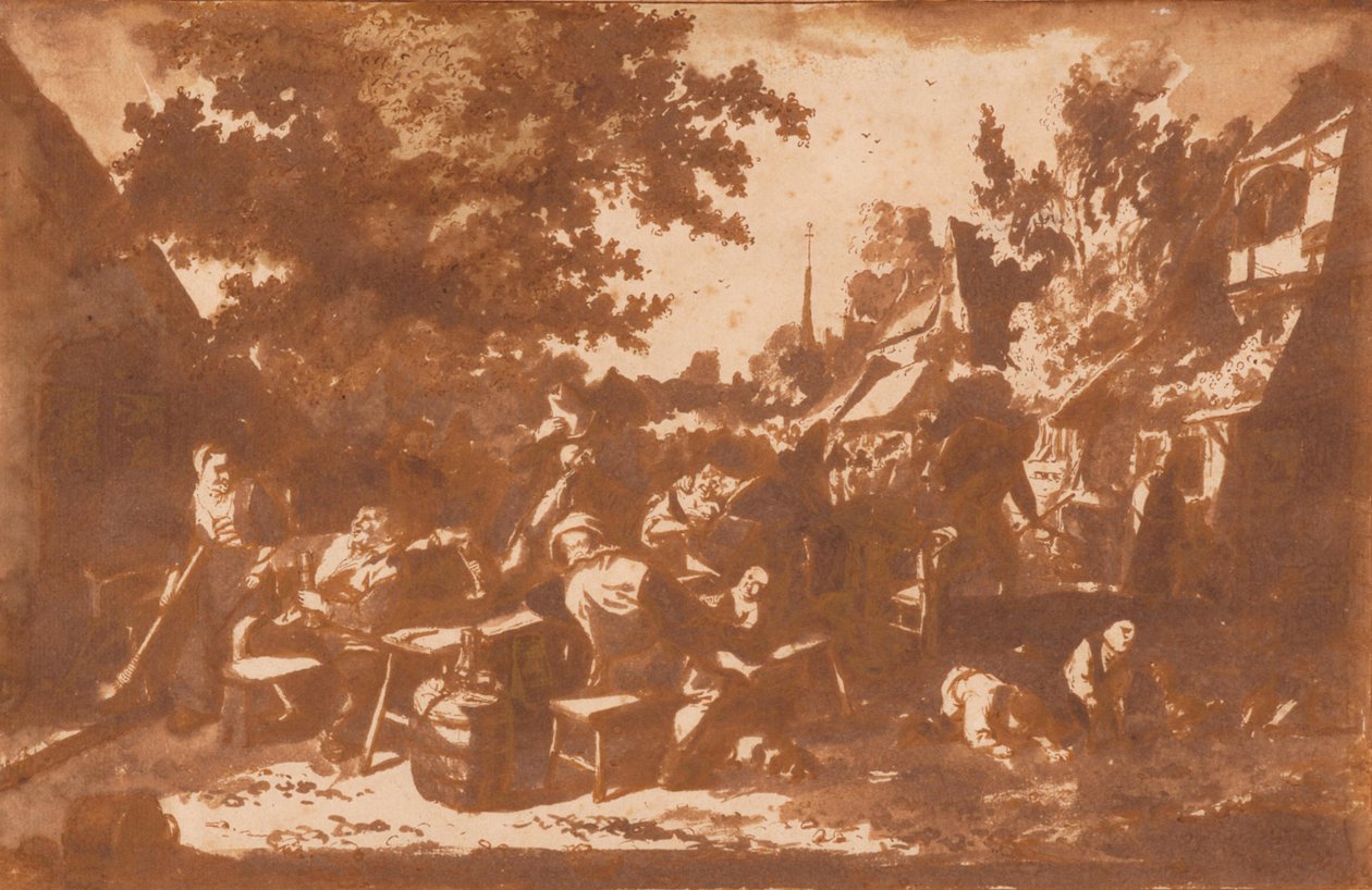 Eine Dorfstraße mit trinkenden Bauern von Cornelis Dusart