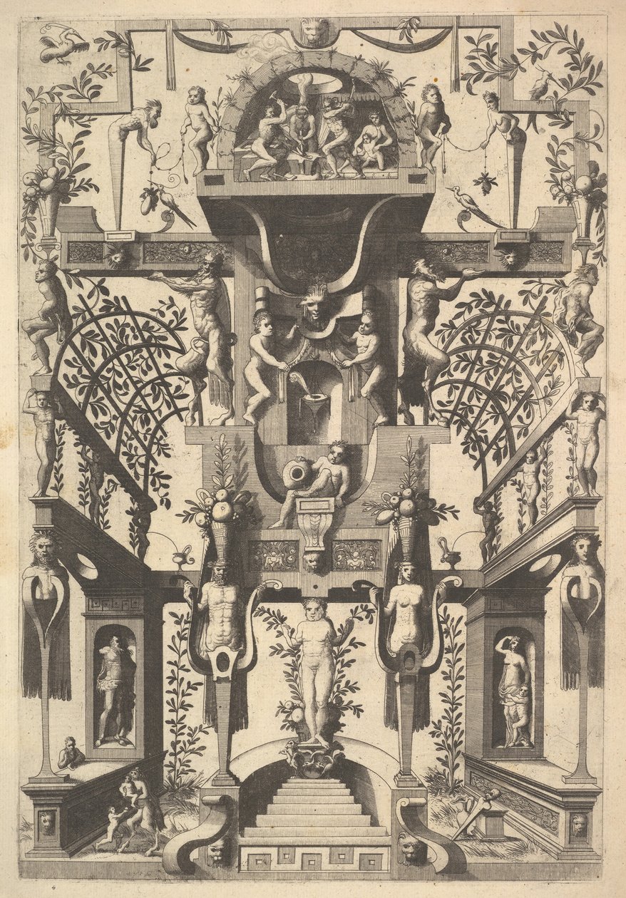 Fantastische Architekturstruktur mit Riemenwerk und zwei Pergolen und einer kleinen Szene mit Vu von Cornelis Floris Ii