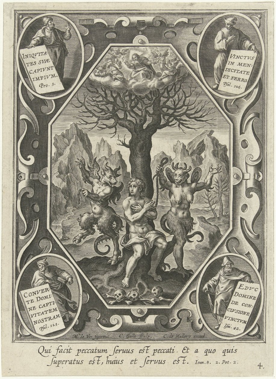 Ein junger Mann wird von zwei Teufeln an einen Baum gekettet von Cornelis Galle (I)