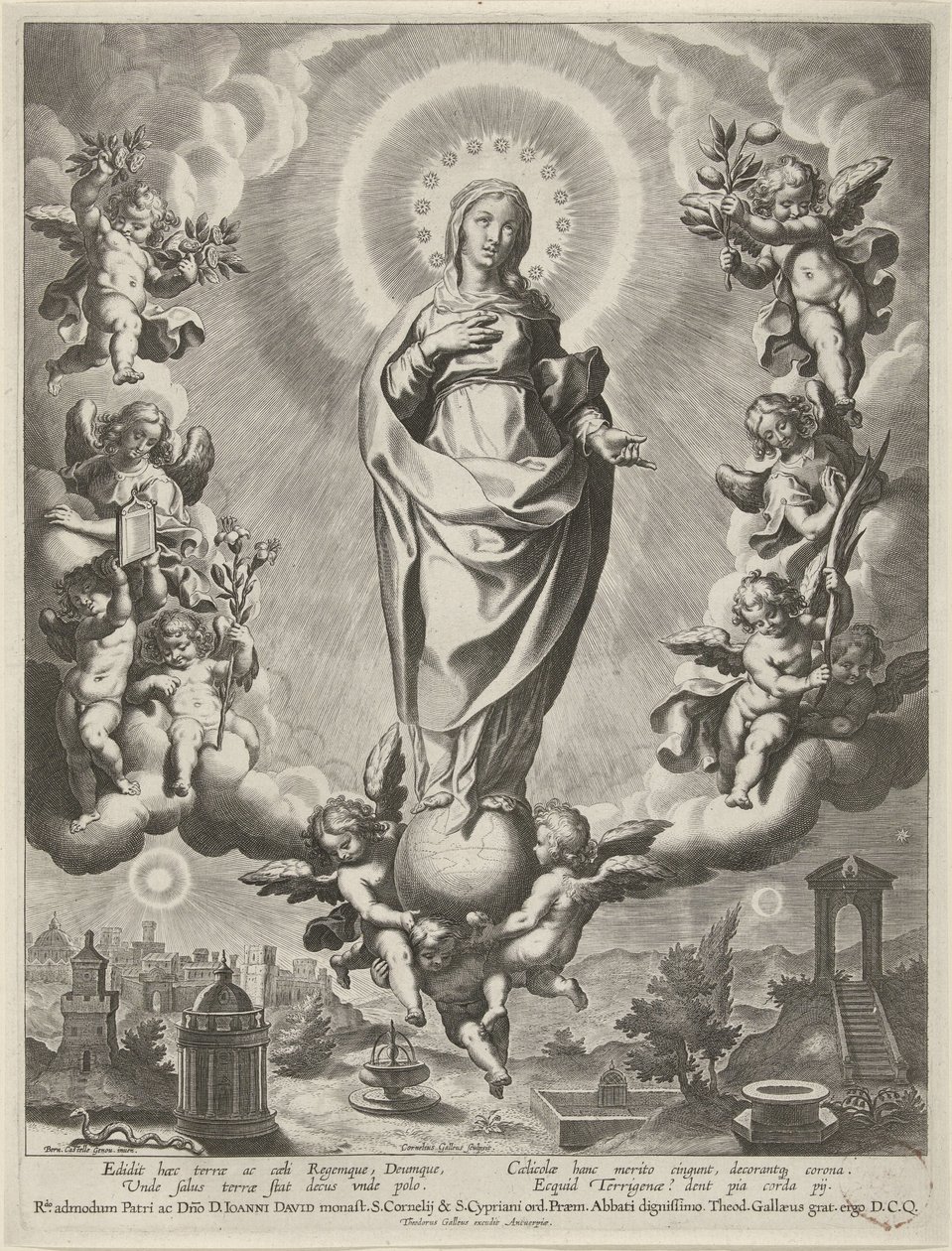 Maria auf einer Weltkugel, umgeben von Engeln von Cornelis Galle (I)