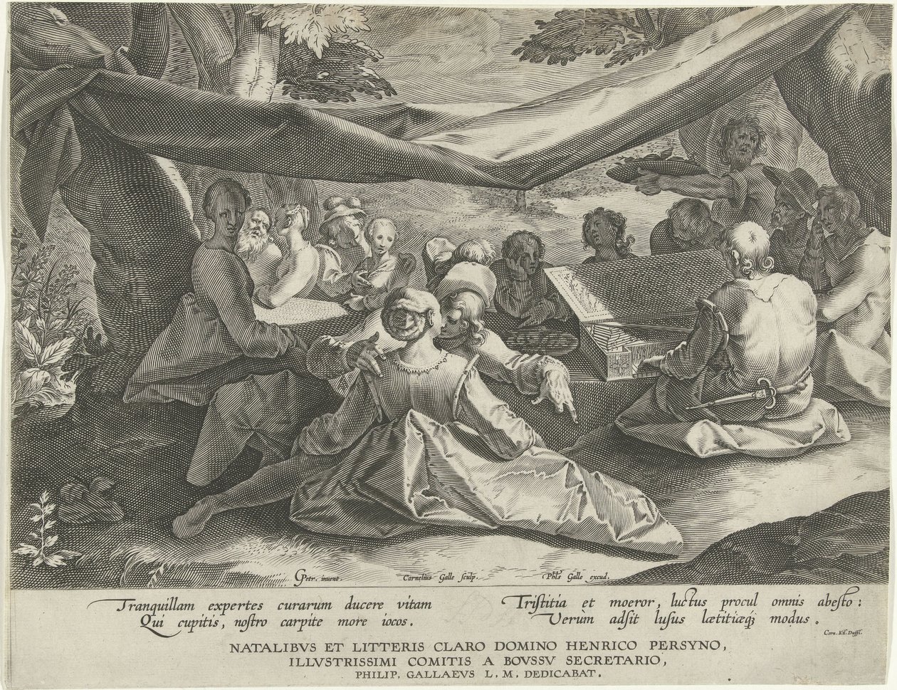 Musizierende Gesellschaft mit Mann hinter Virginal von Cornelis Galle (I)