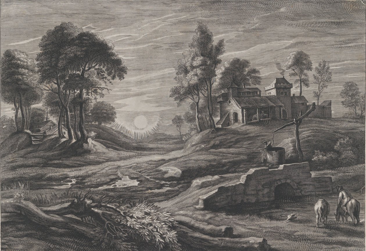 Landschaft mit Ziehbrunnen, 1638-60 von Cornelis Galle I
