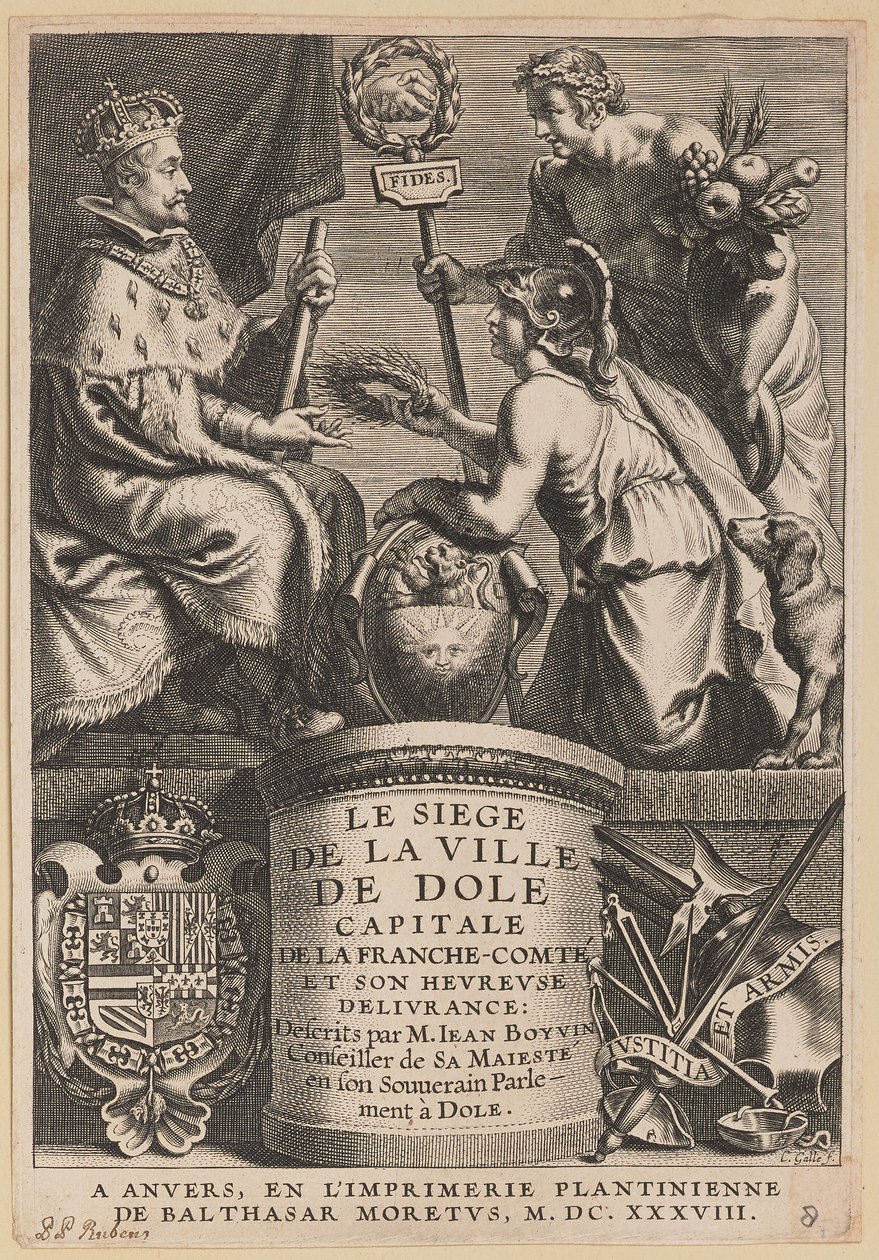 Titelseite für Jean Boyvin, Le Siège de la Ville de Dole von Cornelis Galle I after Erasmus Quellinus II after Sir Peter Paul Rubens