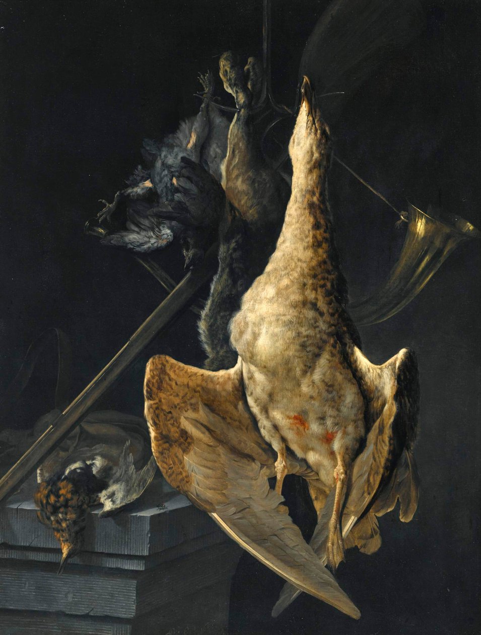 Jagdstillleben mit einer Gans, einem Hasen, einem Jagdhorn, einer Flinte und anderem Wild von Cornelis Lelienbergh