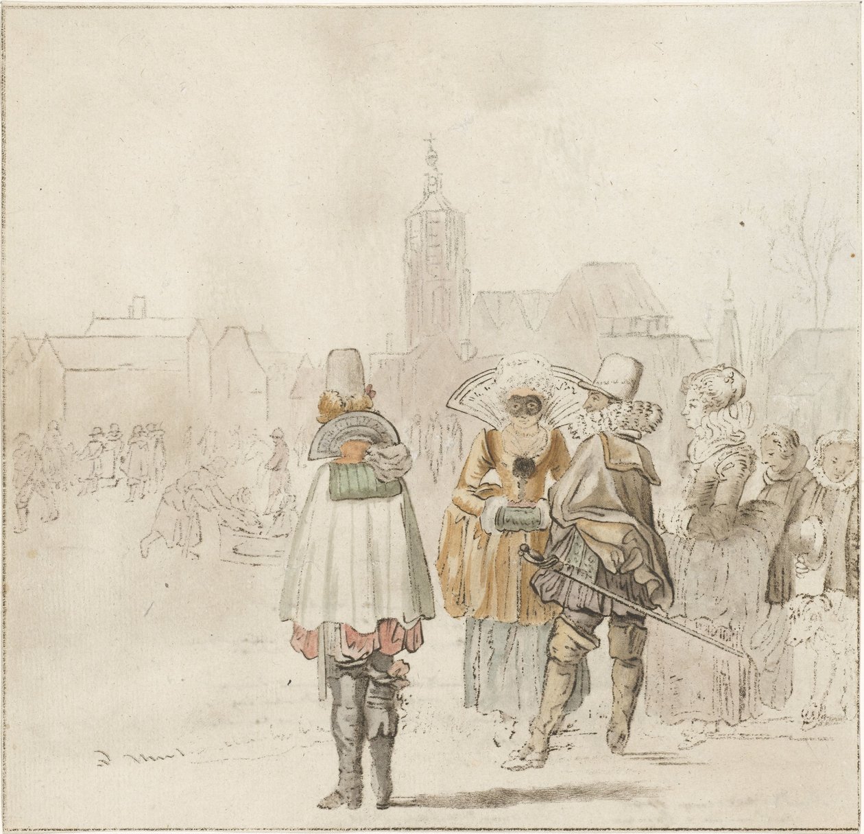 Elegante Gesellschaft auf dem Eis von Cornelis Ploos van Amstel (signed by artist)