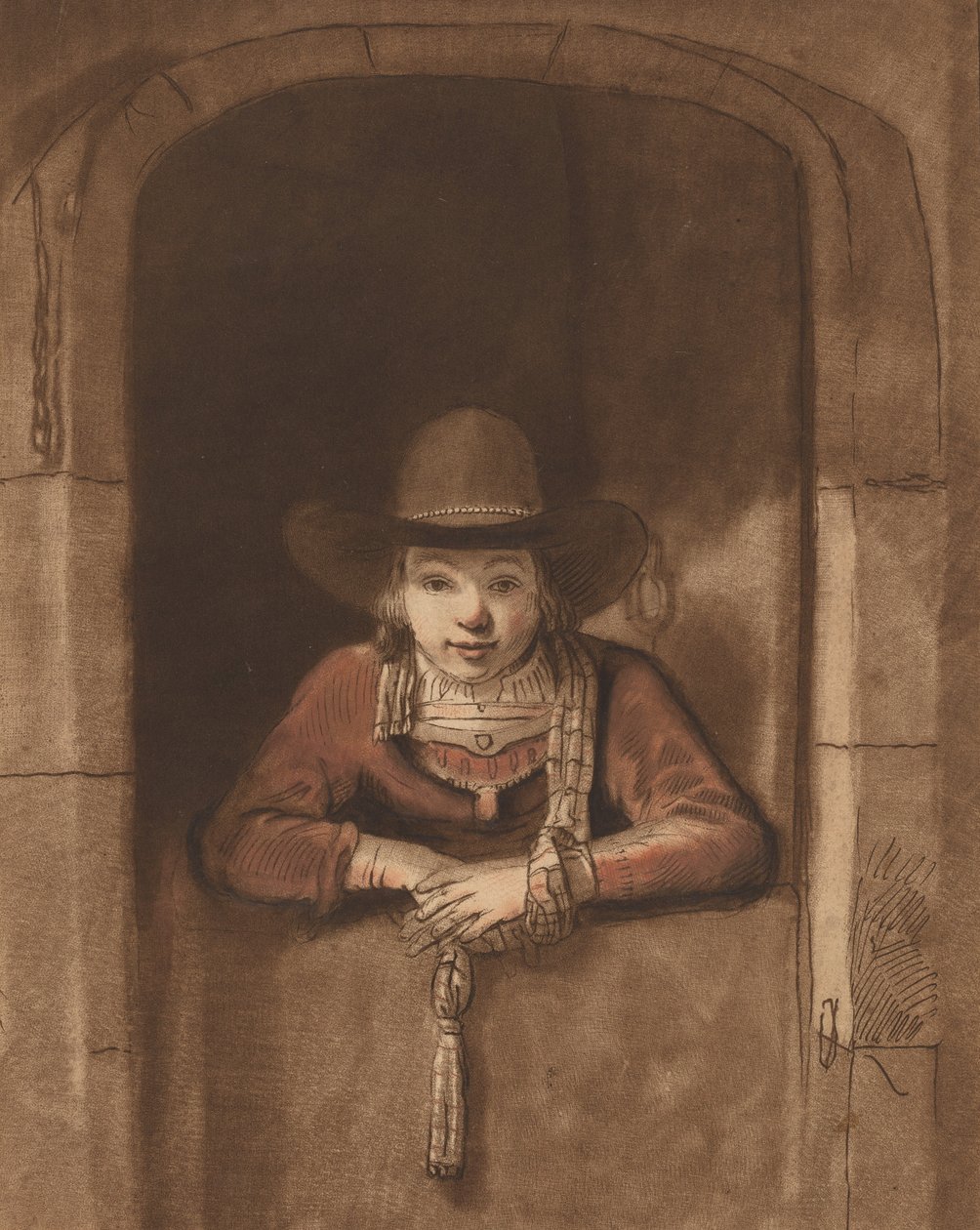 Junge, der sich über eine untere Tür lehnt, 1763, veröffentlicht 1765 von Cornelis Ploos van Amstel