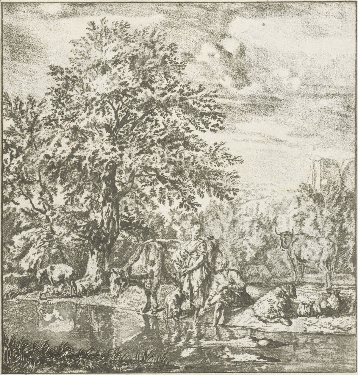 Hirte und Hirtin mit Herde an einem Fluss (Prentwerk) von Cornelis Ploos van Amstel