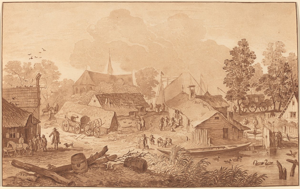 Dorf mit Teich von Cornelis Ploos van Amstel