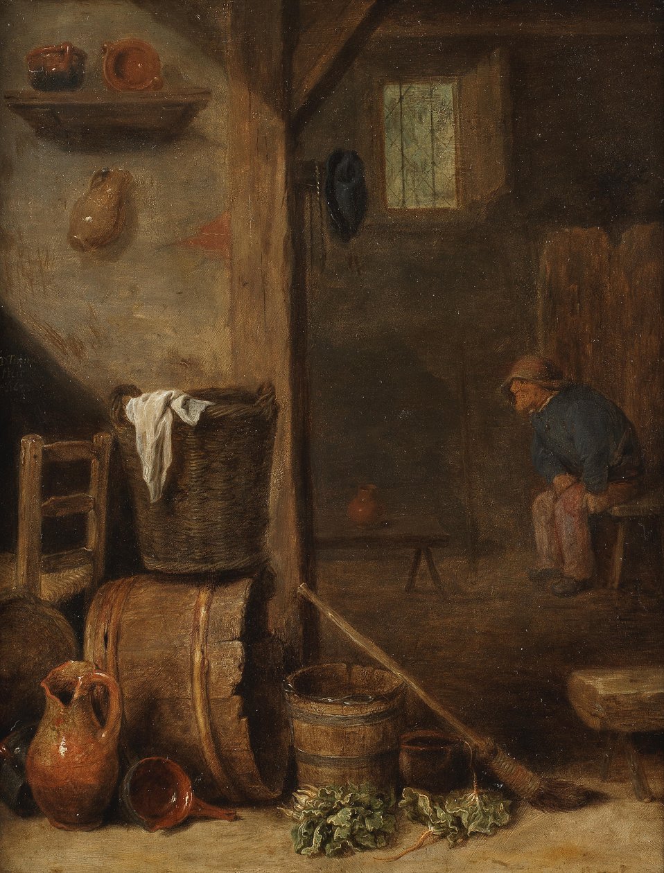 Kücheninterieur mit einer Figur im angrenzenden Raum von Cornelis Saftleven
