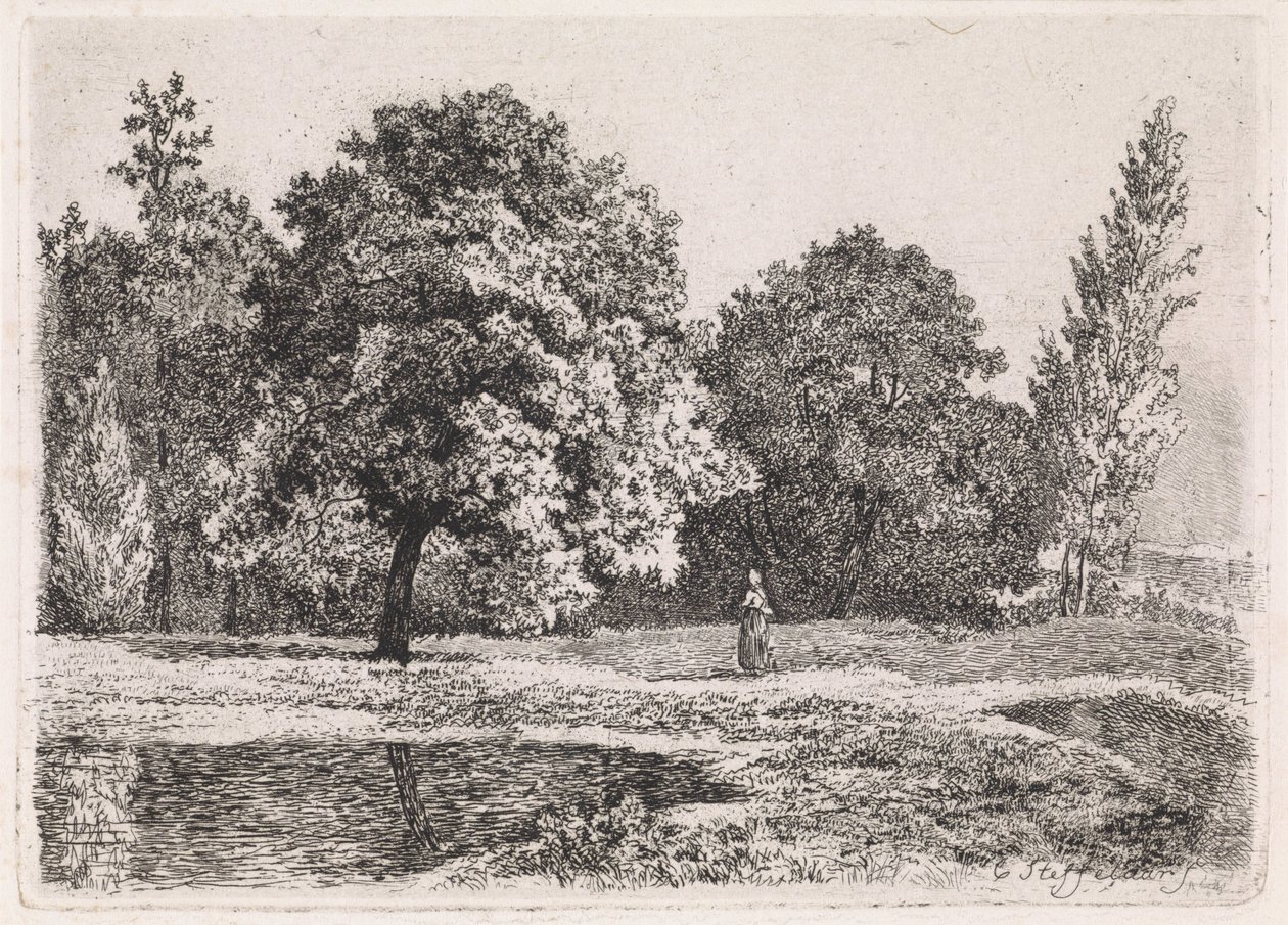 Landschaft mit Bäumen, See und einer Frau von Cornelis Steffelaar