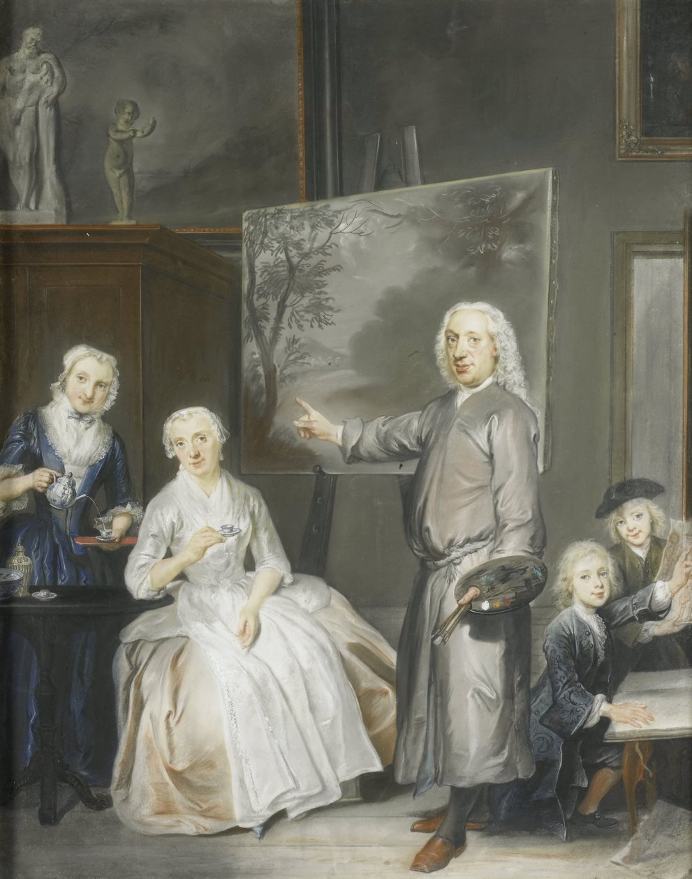 Der Landschaftsmaler Dirk Dalens III (1688-1753) mit seiner zweiten Ehefrau Maria Schaack (gest. 1766) und den Kindern Anna (geb. 1725), Willem (1737-60) und Jacobus (1741-63) von Cornelis Troost