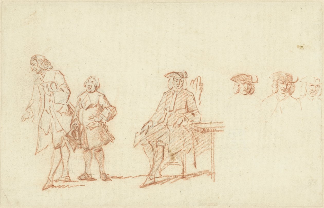 Studienblatt mit zwei stehenden Männern und einem sitzenden Mann, dessen Kopf dreimal wiederholt ist von Cornelis Troost