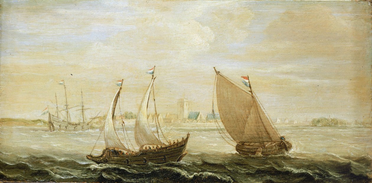Eine Yacht und ein kleines niederländisches Segelschiff vor der Küste eines Hafens in der Zuiderzee mit Blick auf die Stadt am Horizont und Sanddünen rechts von Cornelis Verbeeck