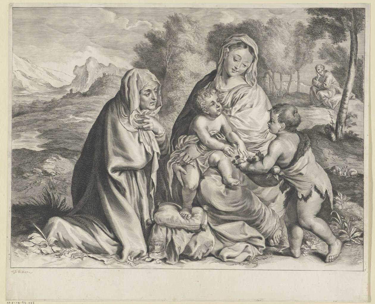Landschaft mit der Heiligen Familie, Johannes dem Täufer und Elisabeth von Cornelis Visscher (II)