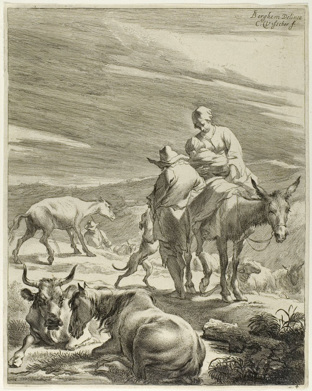 Eine Mutter und ein gewickeltes Kind reiten auf einem Esel, Platte 4 aus Vier Landschaften von Cornelis Visscher