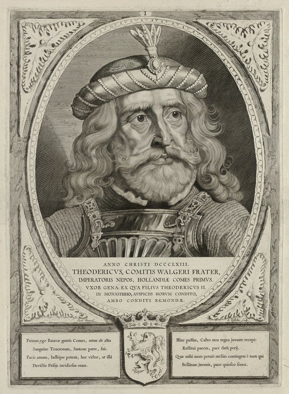 Dirk I., Graf von Holland, in einer Rüstung. Der Rahmen ist mit dem Wappen von Holland verziert. von Cornelis Visscher