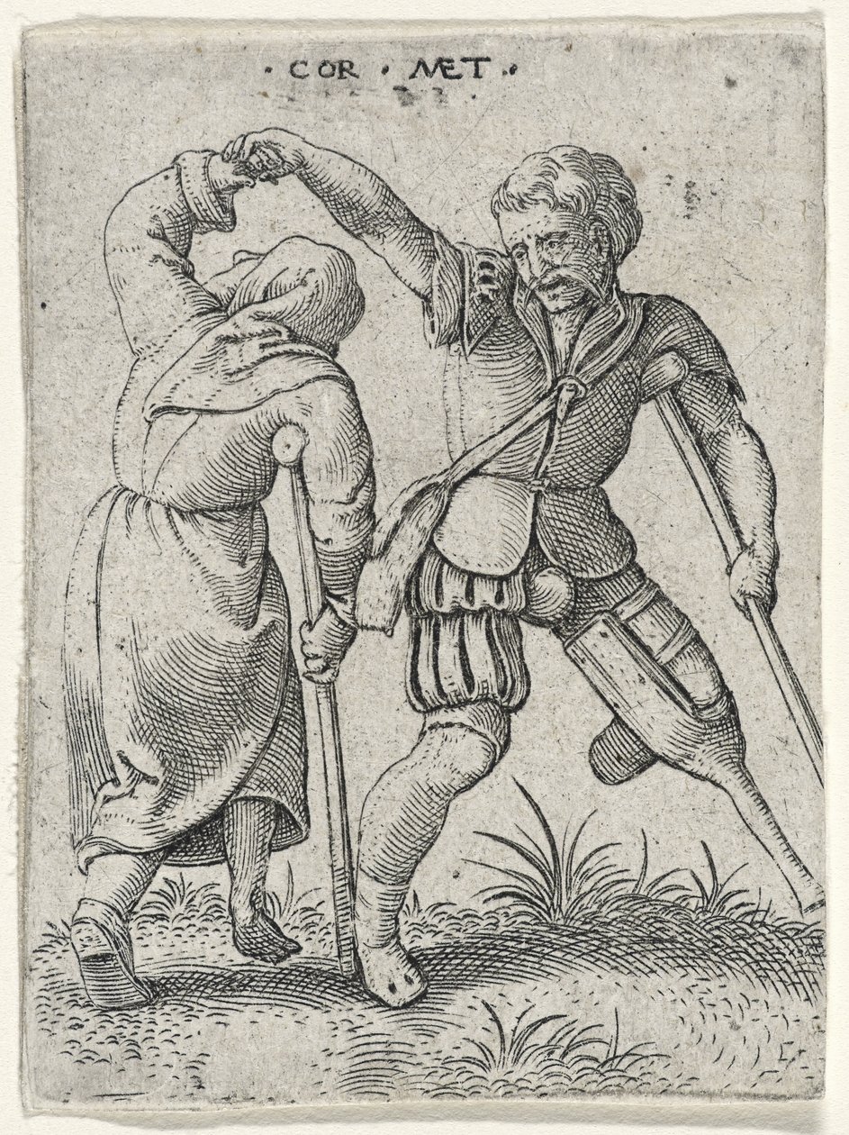 Ein Mann mit Holzbein dreht eine lahme Frau unter seinem Arm, 1572 von Cornelis after Massys