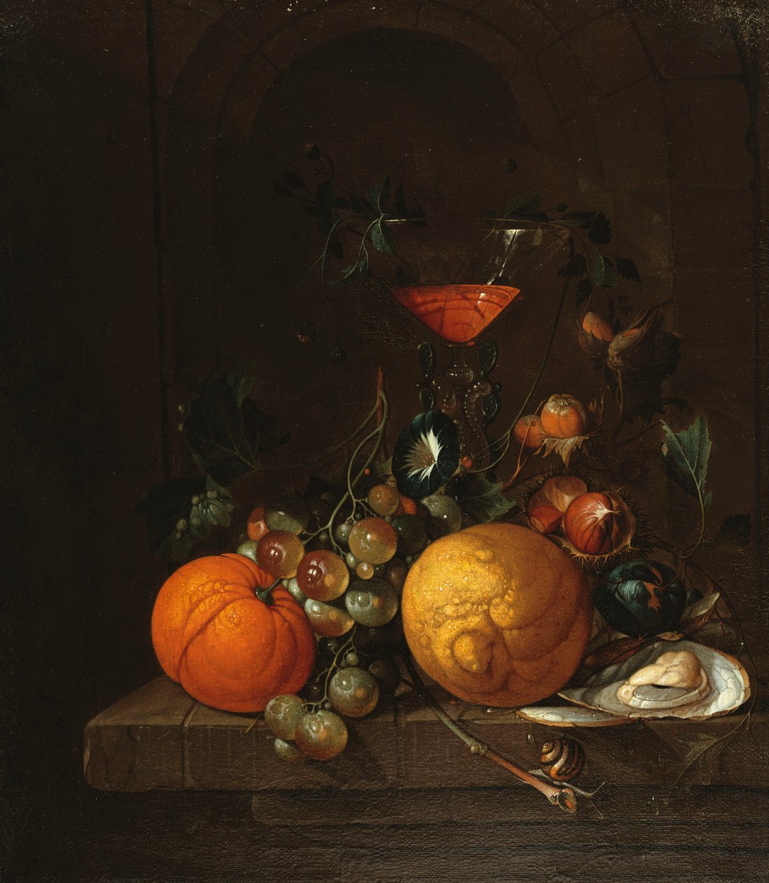Eine Zitrone, eine Orange, Trauben, eine Auster und ein Glas Wein auf einem Sims von Cornelis de Heem