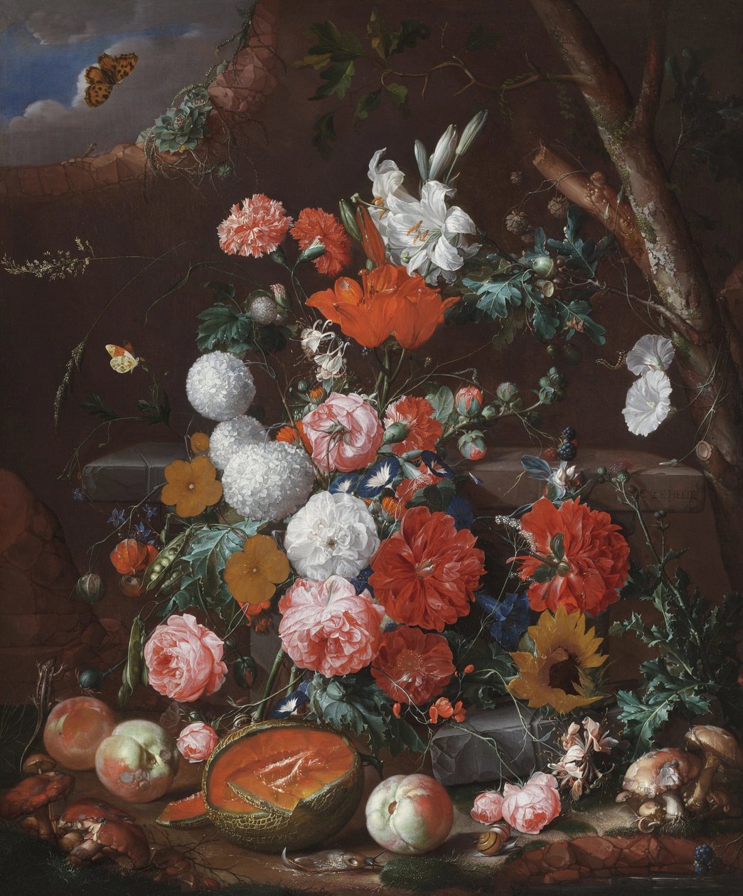 Stillleben mit Blumen und Früchten auf einem Steinpodest im Garten von Cornelis de Heem