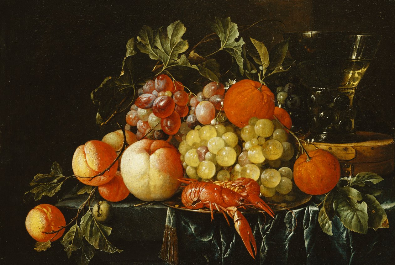 Pfirsiche, Orangen, Trauben und Langusten auf einem Zinnteller und ein konischer Römer auf einer Box auf einem teilweise drapierten Sims von Cornelis de Heem