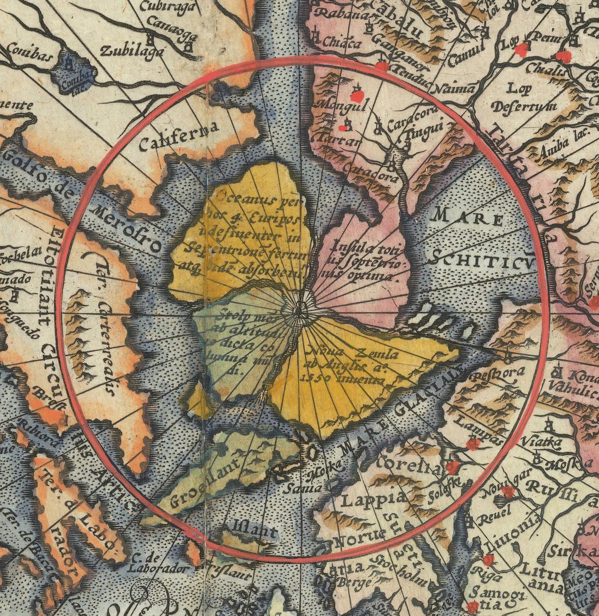 Detail der Weltkarte - Arktis mit magnetischer Insel als Nordpol von Cornelis de Jode