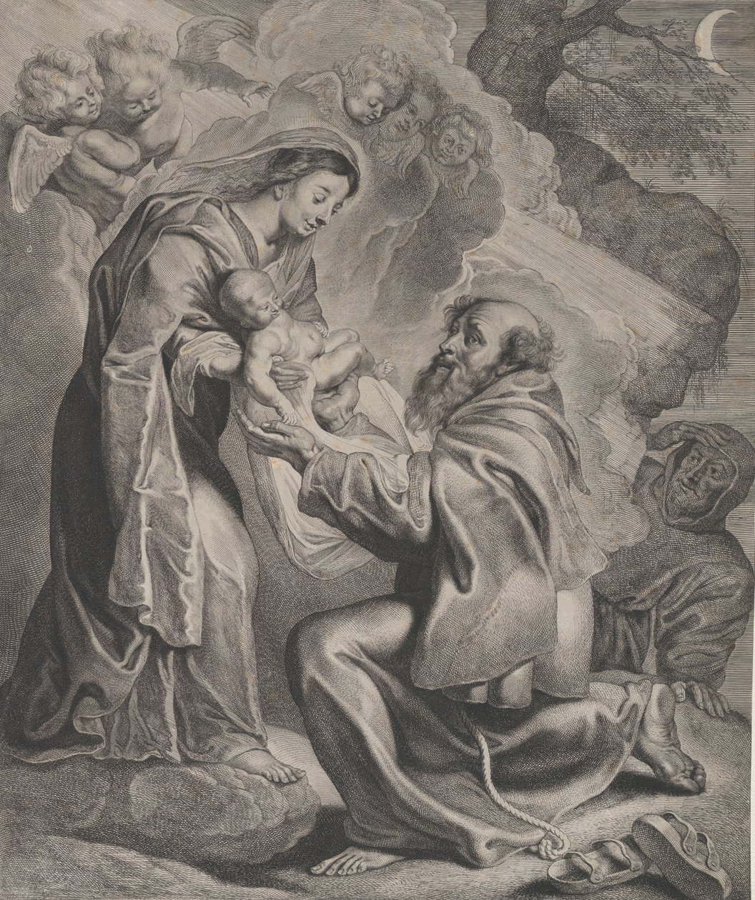 Die Vision des heiligen Franziskus, kniend rechts, das Christkind von der Jungfrau empfangend von Cornelis de Visscher