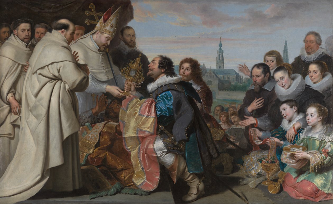 Die Rückgabe der Kirchenschätze an den Heiligen Norbert nach der Niederlage des Ketzers Tankelin, mit einem Porträt der Familie Snoeck von Cornelis de Vos