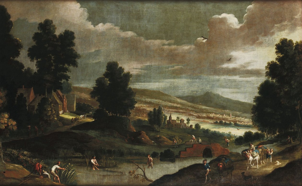 Landschaft mit Wanderern und Fischern von Cornelis de Wael