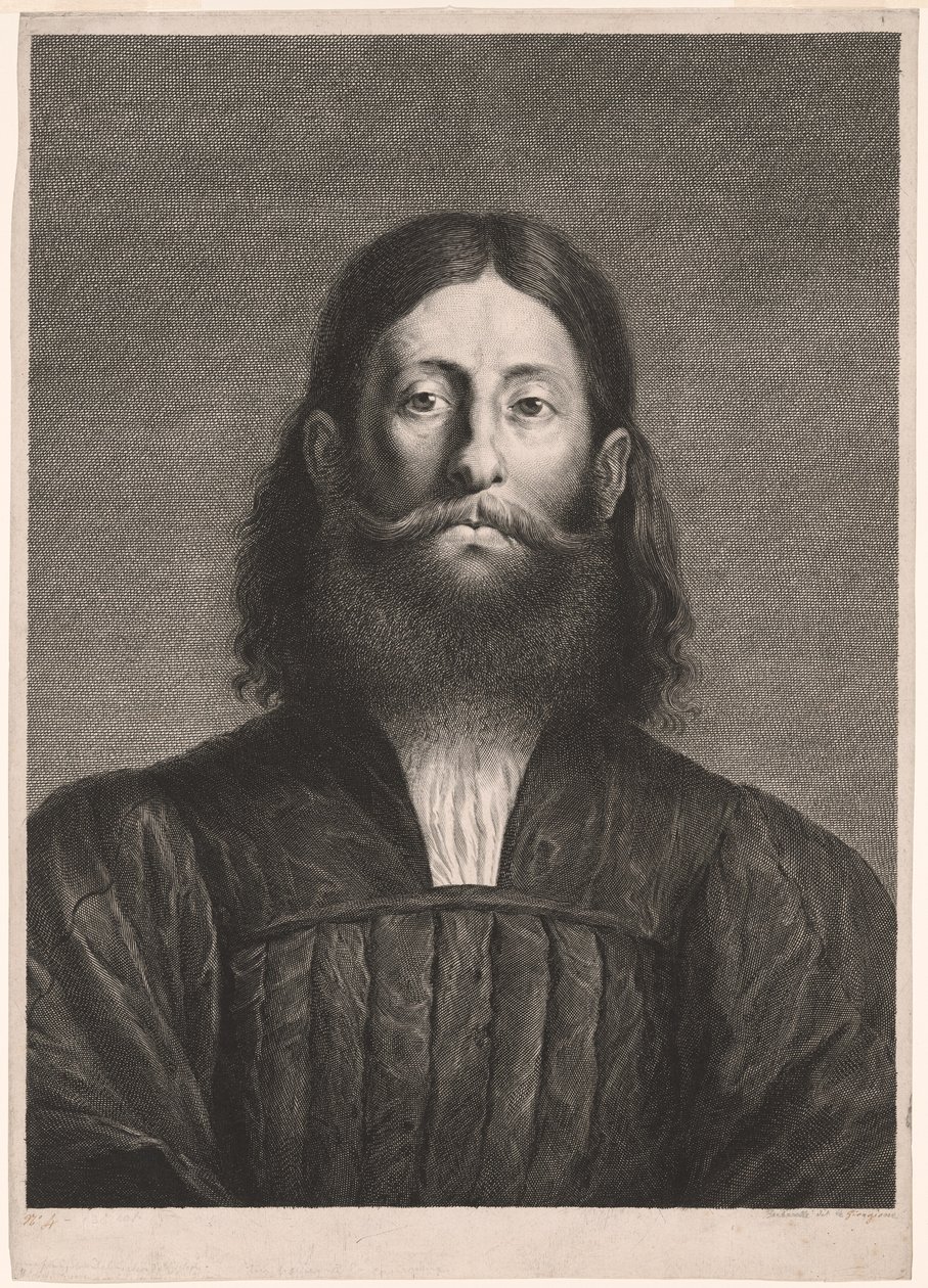 Porträt eines bärtigen Mannes (sogenanntes Porträt von Giorgione), aus Cabinet Reynst; Variarum imaginum a celeberrimis artificibus pictarum Caelaturae von Cornelis van Dalen II