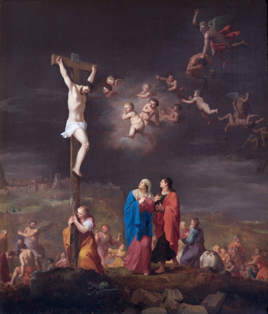 Die Kreuzigung mit dem Sturz der rebellischen Engel von Cornelis van Poelenburgh or Poelenburch