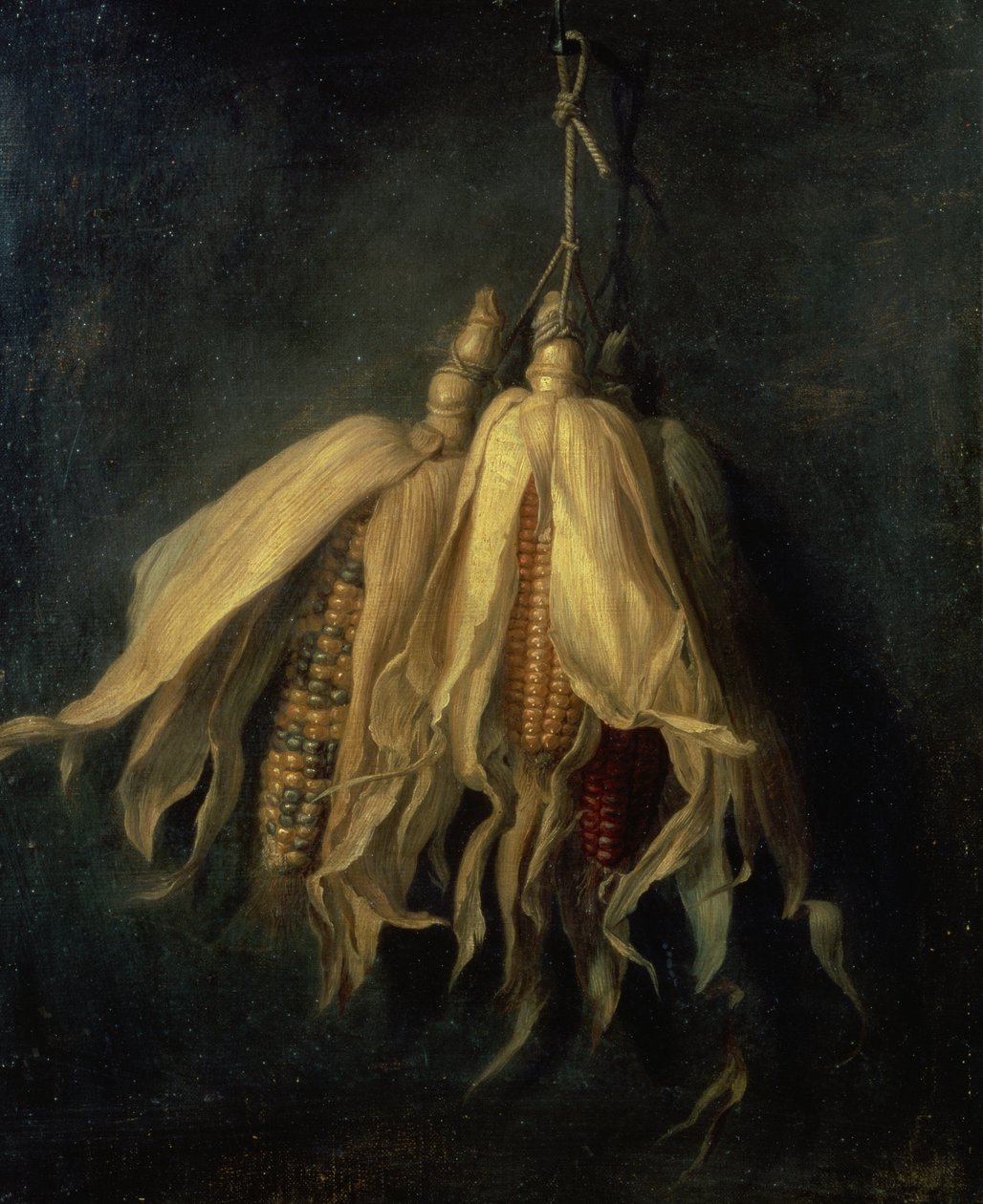 Drei Maiskolben, die an einem Nagel hängen von Cornelis van Spaendonck