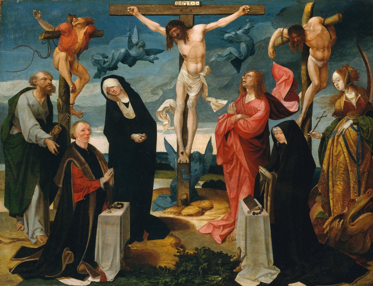 Die Kreuzigung mit Stiftern und den Heiligen Peter und Margarete, ca. 1525-27 von Cornelius Engebrechtsz