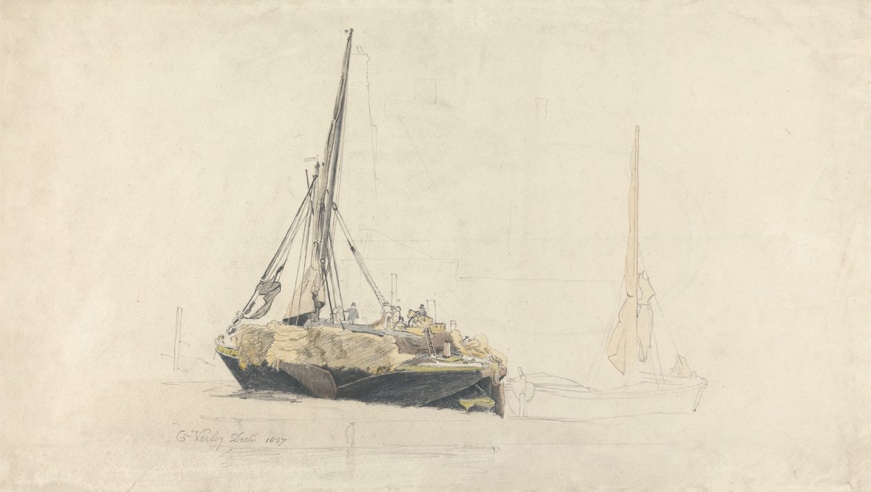 Eine Segelbarke wird mit Heu beladen, Dezember 1827 von Cornelius Varley