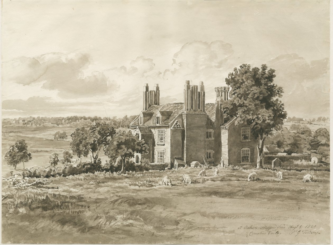 Oaken - Bauernhaus: Sepia-Waschzeichnung, 5. Aug 1820 von Cornelius Varley