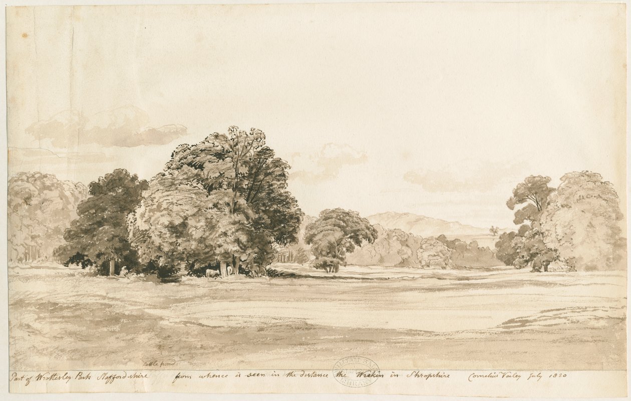 Wrottesley Park: Sepia-Zeichnung, Juli 1820 von Cornelius Varley