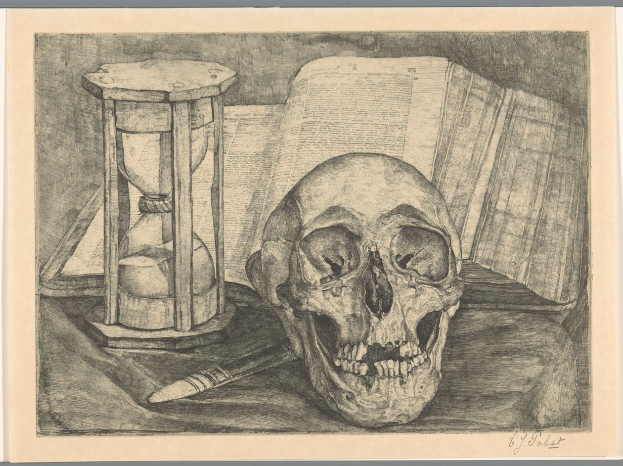 Stillleben mit einem Schädel, einer Sanduhr, einem Buch und einem Messer von Corrie Pabst (signed by artist)