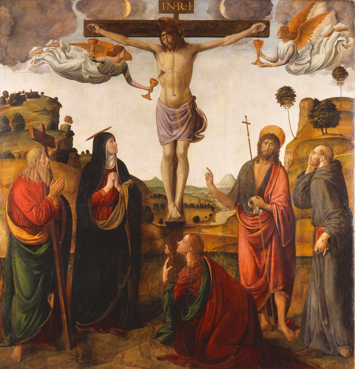 Die Kreuzigung mit der Madonna, den Heiligen Johannes dem Täufer, Maria Magdalena, Andreas und Franziskus, 1503 von Cosimo Rosselli