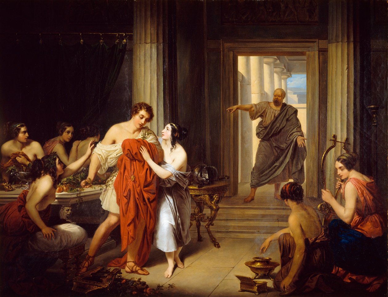 Der griechische Philosoph Sokrates (470-399 v. Chr.) entdeckt den jungen Alkibiades (450-404 v. Chr.) mit einer Hetäre (griechische Prostituierte) von Cosroe Dusi