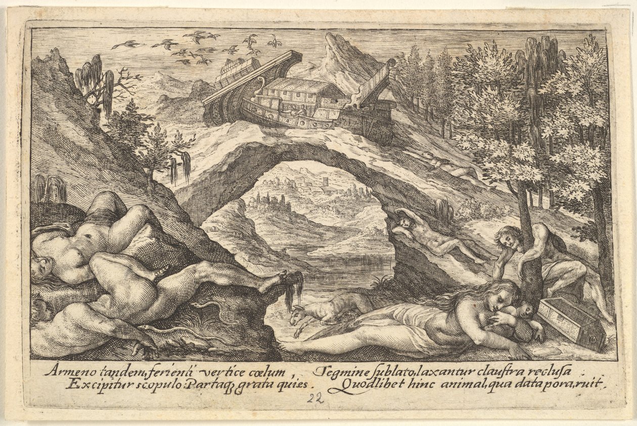 Nachwirkungen der Flut: menschliche Körper auf trockenem Land im Vordergrund, Noahs Arche, 1612 von Crispijn de Passe I