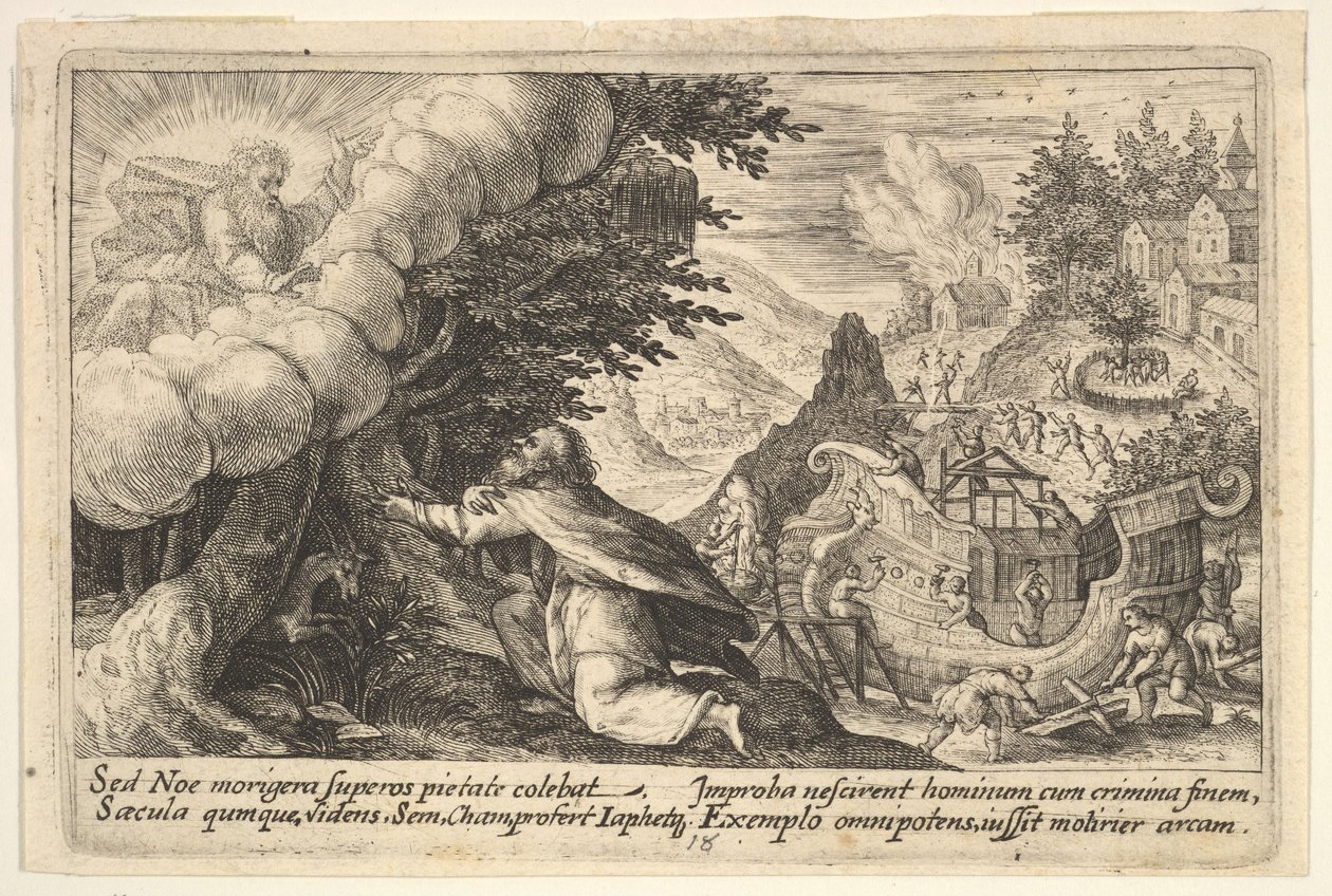 Noah kniet vor Gott, links, der Bau der Arche im Hintergrund, aus einer Serie, 1612 von Crispijn de Passe I