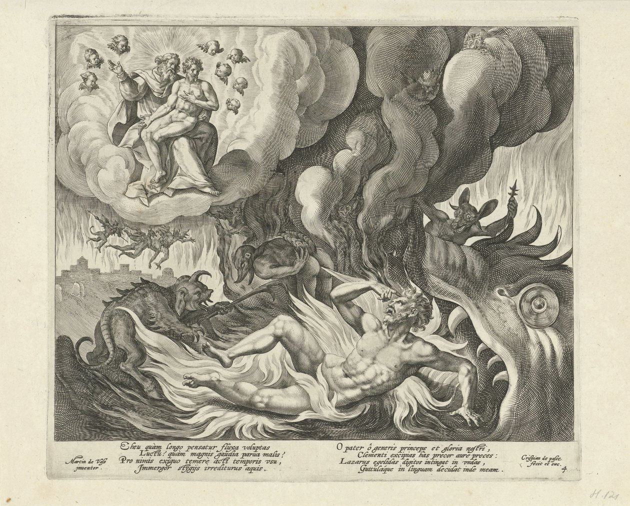 Lazarus im Himmel und der reiche Mann in der Hölle von Crispijn van de Passe (I)