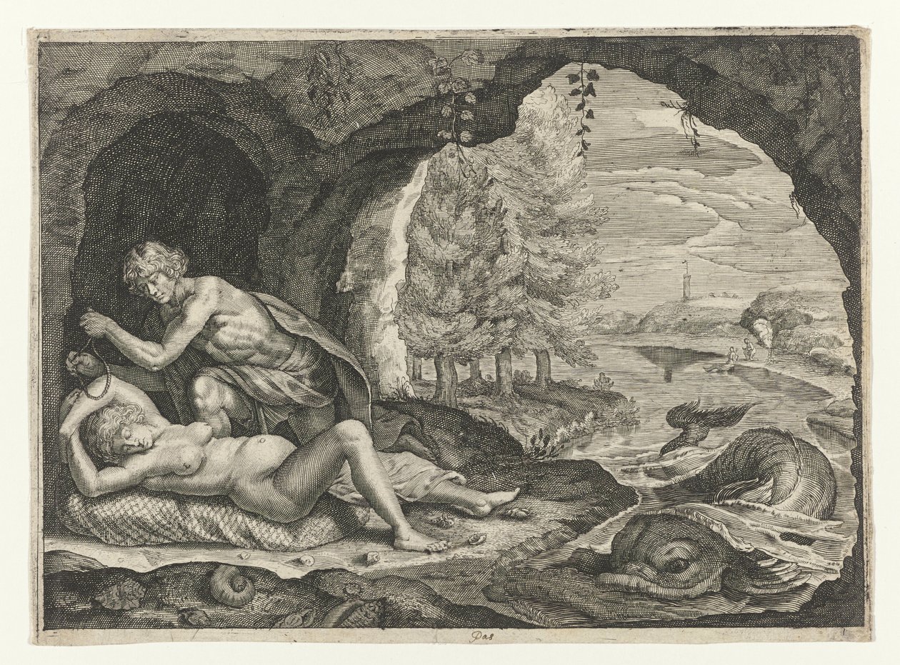 Peleus schleicht sich an die schlafende Thetis heran von Crispijn van de Passe (II)